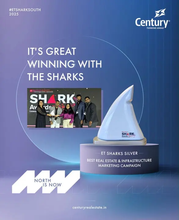 Century post announcing the ET Sharks Silver award for North is Now, with the shark-fin trophy.