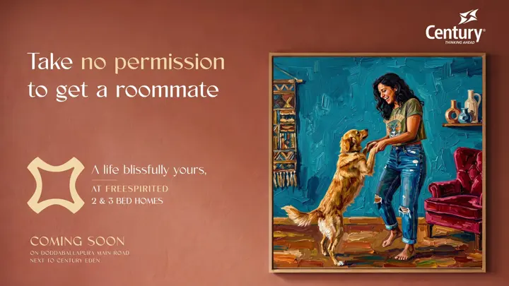 Century teaser: a woman dancing with her golden retriever in a painted living room, headline “Take no permission to get a roommate”.